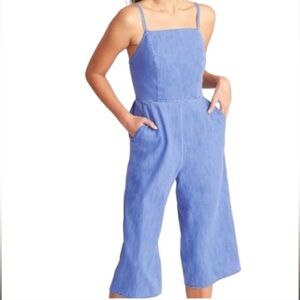 Chambray Waist-Defined Square-Neck Cami Jumpsuit